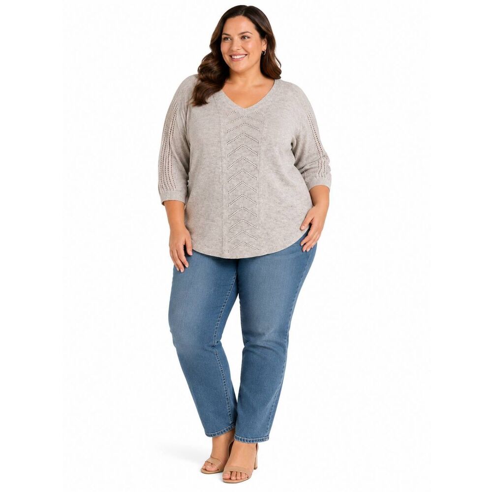 Torrid Size 1 (1X) Light Gray Open Knit V-Neck Sweater 3/4 Sleeve Hi-Lo Hem Pull